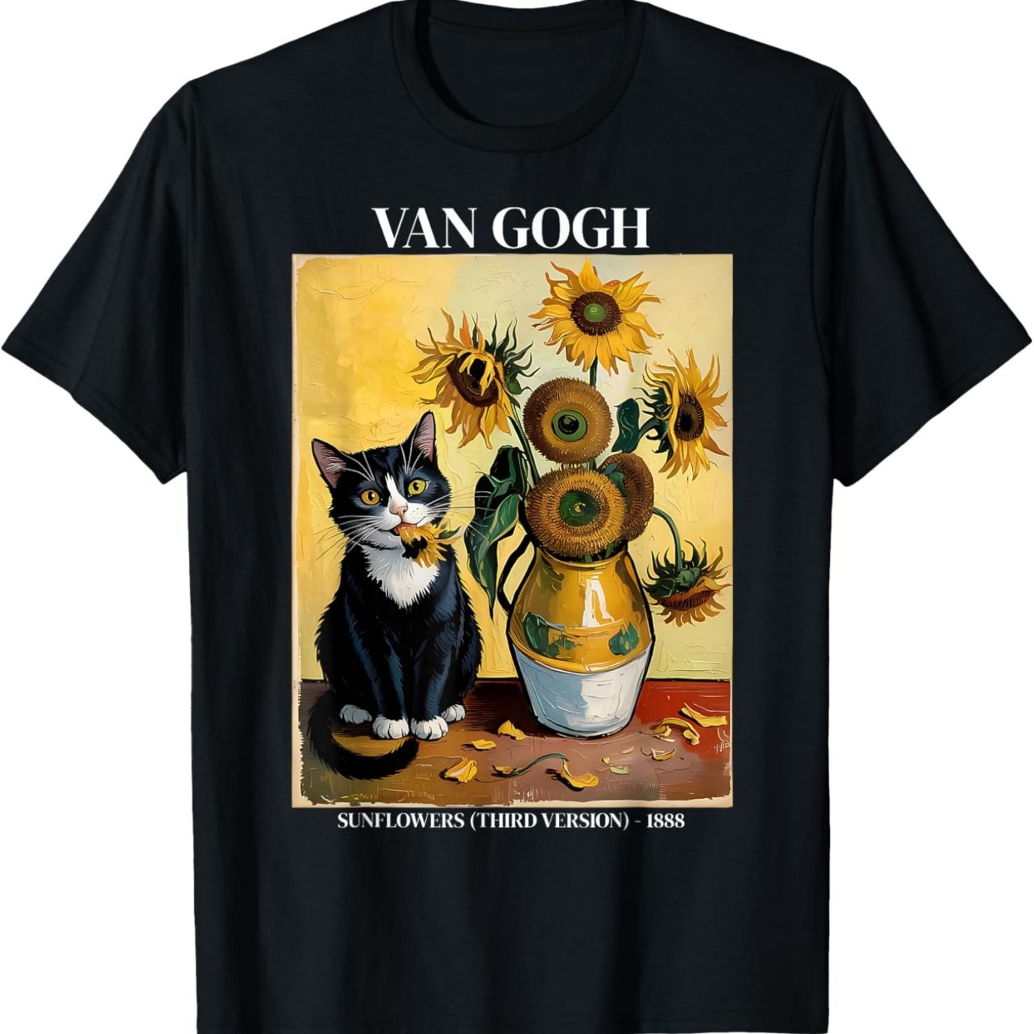 Funny Van Gogh Sunflowers Black Cat Meme Art Lover T-Shirt S