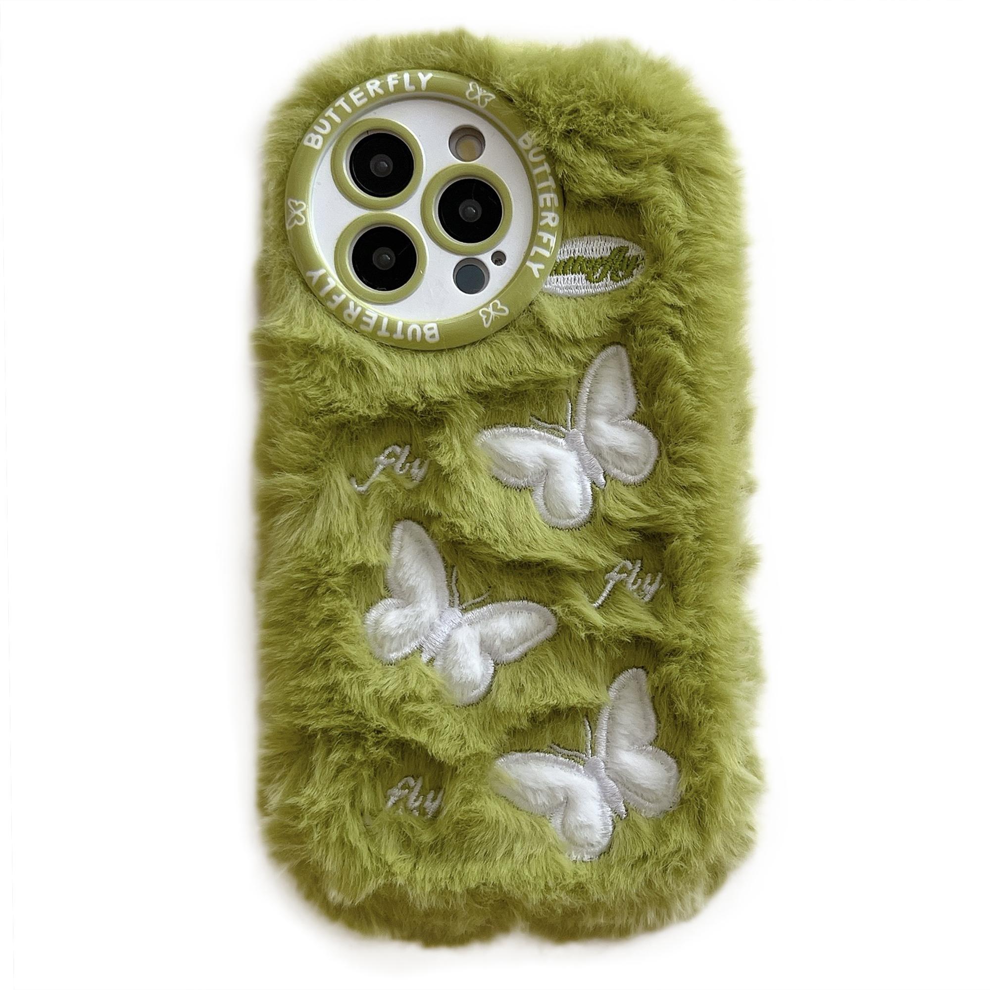 For iPhone 16 Pro Case Butterfly Design Warm Plush TPU Phone Cover A