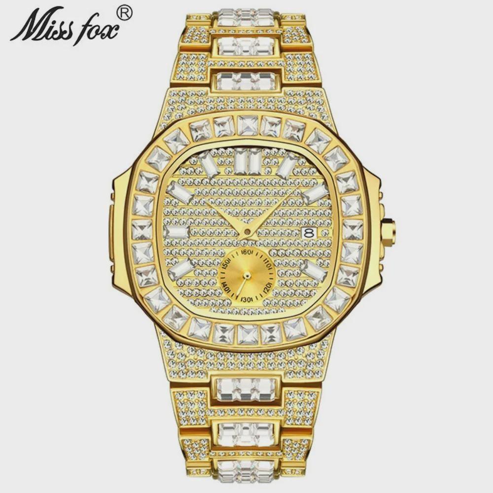 Hip Hop Iced Out Mens Watch Diamond Paved Analog Quartz Watch Waterproof Stainless Steel Luxury Wristwatch золотой