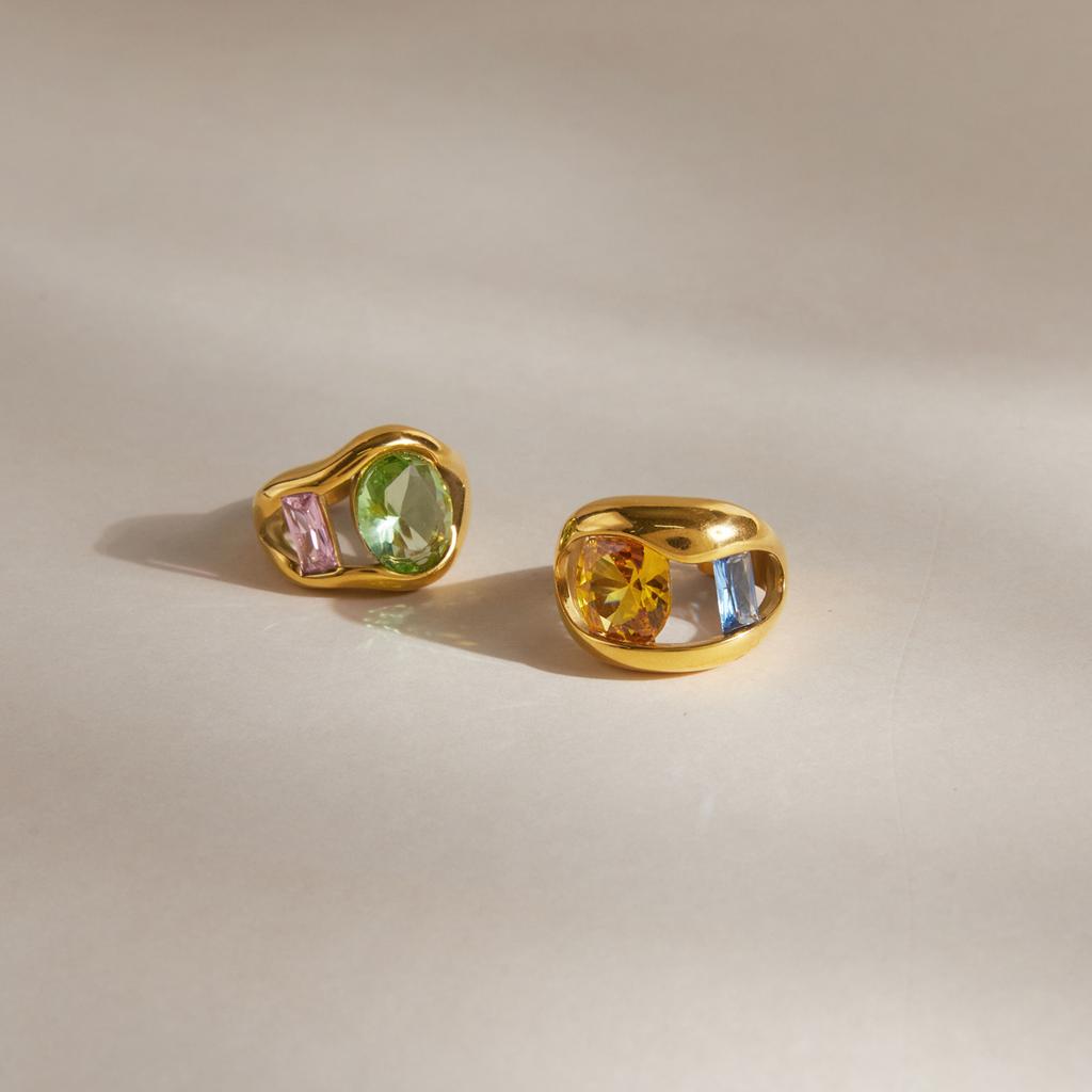 Uworld Chunky Multicolor Big Zircon Hollow Open Rings For Women 18K Gold PVD Plated Stainless Steel Rings Fashion Jewelry Gift