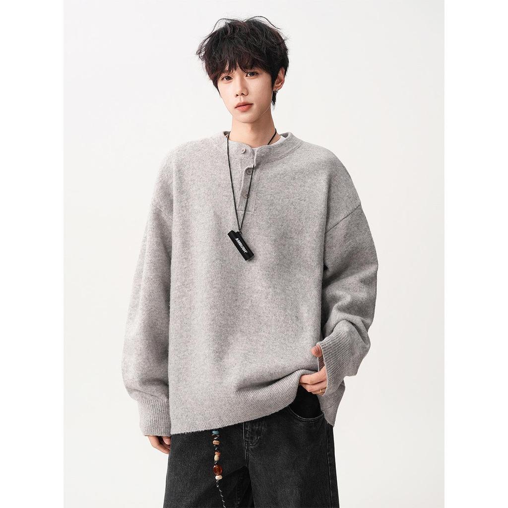 Men's Trendy Solid Color Henley Neck Sweater Jacket - Autumn Winter Loose Casual Knitwear