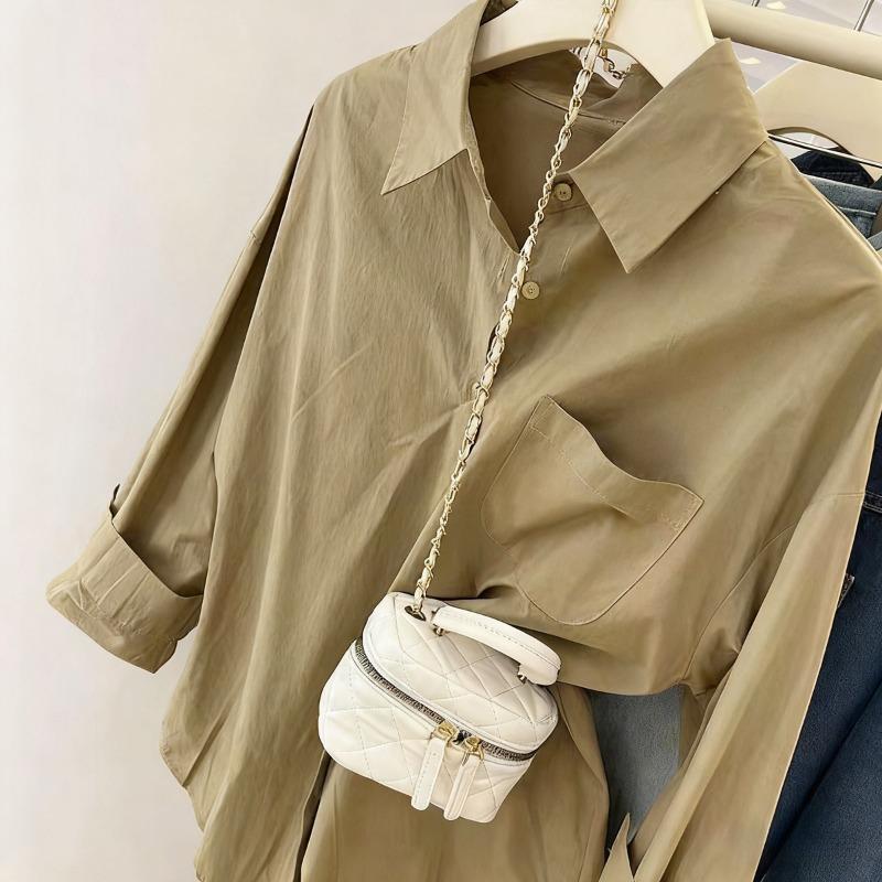 Spring Autumn Polo-neck Solid Color Casual Fashion Cardigan Shirt Women Long Sleeve Simple All-match Blouse Top