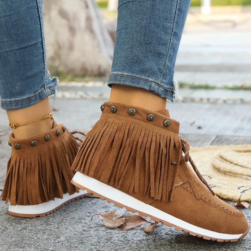 2024 Autumn Fashion Platform Ankle Boots Suede Women's Boots Tassel Style Womens Vulcanized Shoes Retro Boots Botas De Mujer