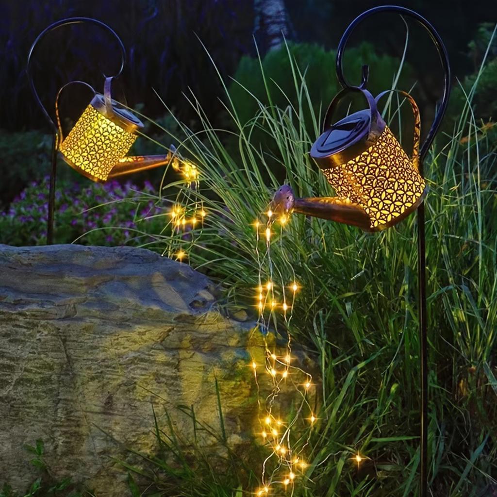 Solar Watering Can Light,Fairy Lights Outdoor,Hanging Solar Powered Lantern Garden Art Light Decor Metal Waterfall String Lights
