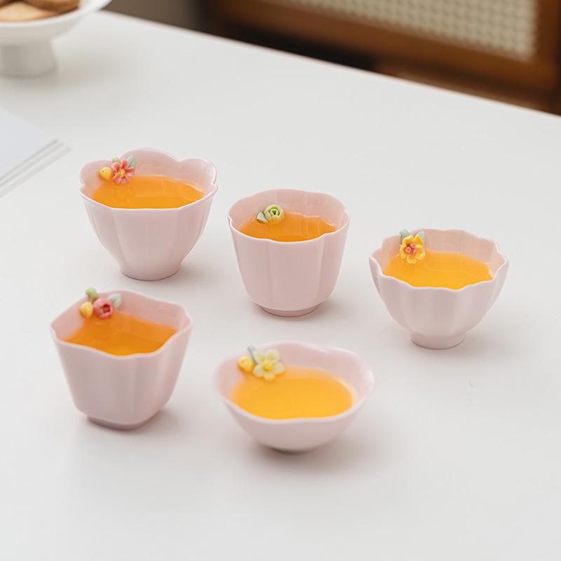 Handcrafted Pink Floral Ceramic Tea Cup Set for Girls - Ideal for Home, Office, and Gongfu Tea Tasting.