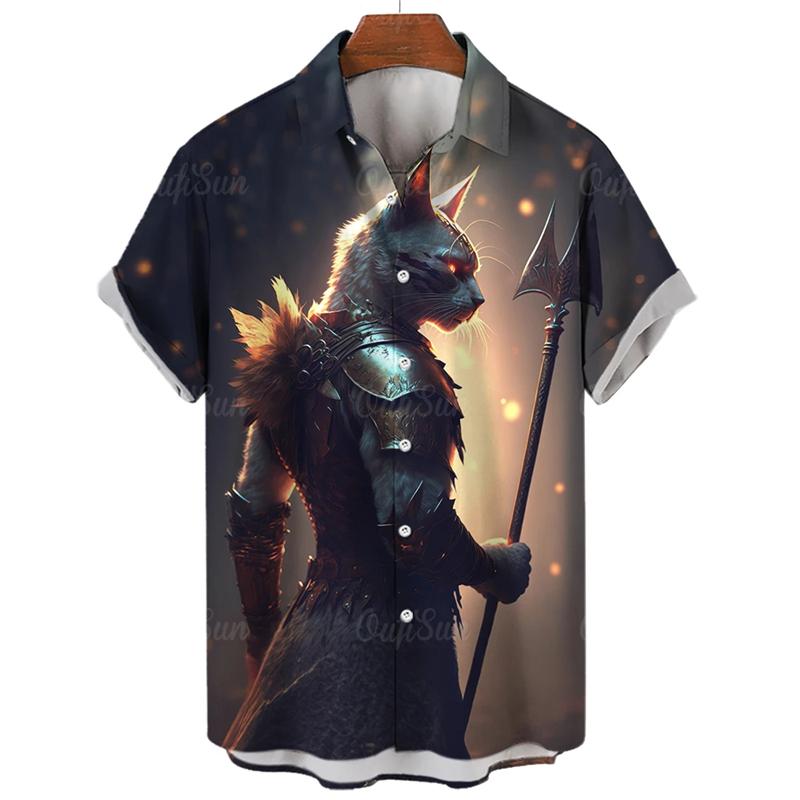 Vintage Cat Swordsman 3D Printed Shirts For Men Clothes Funny Animal Graphic Blouses Casual Mens Lapel Blouse Summer Button Tops