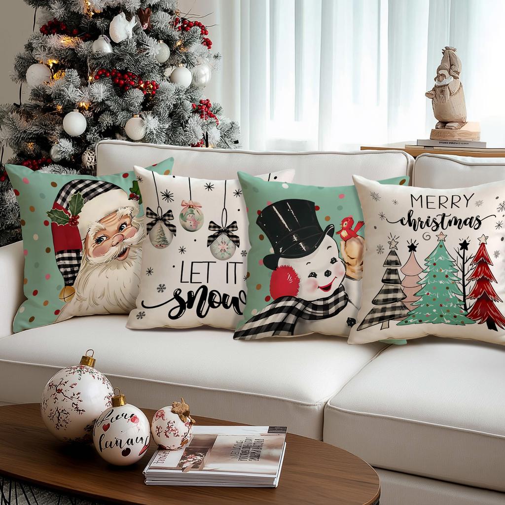 1/4Pcs Christmas Decorative Pillowcases, Snowflake Santa Claus Snowman Pattern Pillow Covers, Christmas Ball Cushion Covers