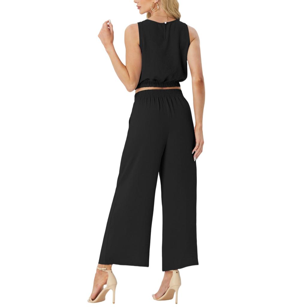 Women's Fashion Casual Sleeveless Tank Top With Elastic Hem And High Waisted Wide Leg Two Piece Set