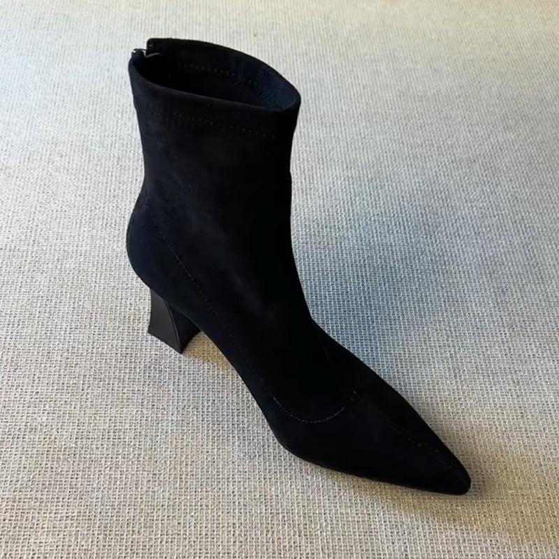 Simple and gentle pointed thin boots women's new fashion suede rear zipper high-heeled short boots