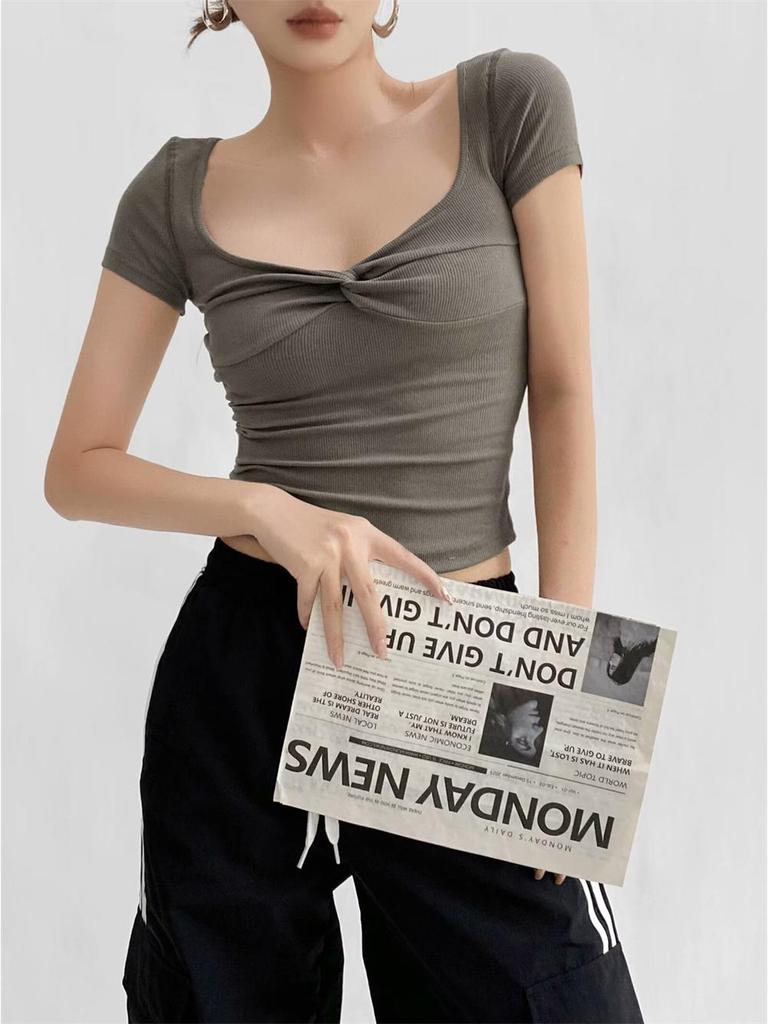YPFF Women's Trendy Solid Color V-Neck Twist Knot American T-Shirt