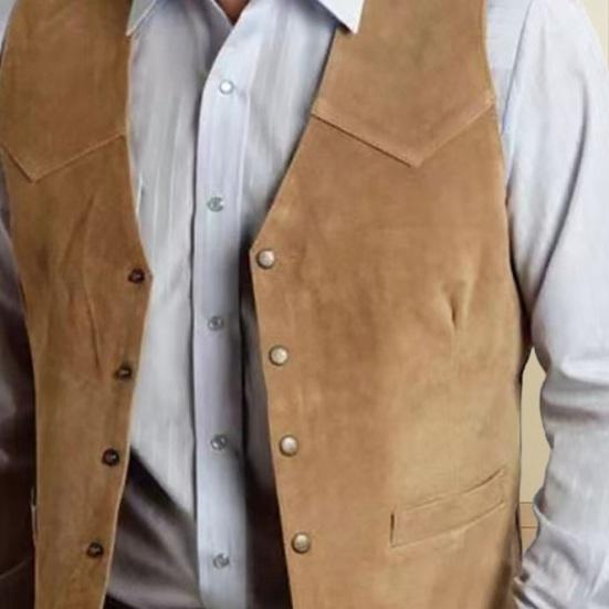 Men Vest Coat Collarless V-Neck Sleeveless Single Breasted Solid Color Waistcoat with Pockets Old West Style Waistcoat Formal Business Suit Jacket