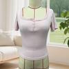 Women Tops Slim Fit Square Neck Rib Knitted Shirt Pure Color Short Sleeve Lace Splicing Stretchy Tops with Buttons Detail Daily Wear