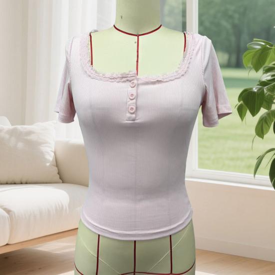 Women Tops Slim Fit Square Neck Rib Knitted Shirt Pure Color Short Sleeve Lace Splicing Stretchy Tops with Buttons Detail Daily Wear
