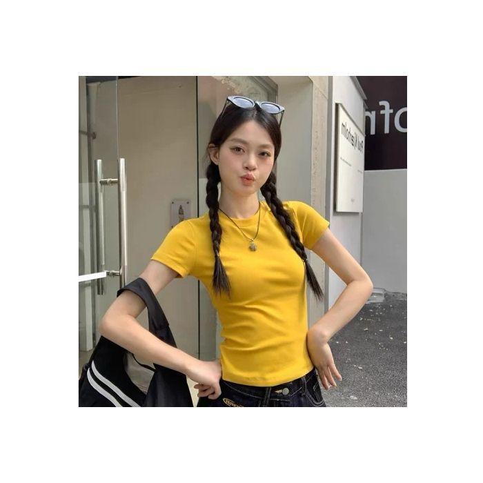 American Summer T-shirt Women's Shoulder Short Sleeves Summer Thin Round Neck Short Cotton Slim Fit Sweet and Spicy Tight Top