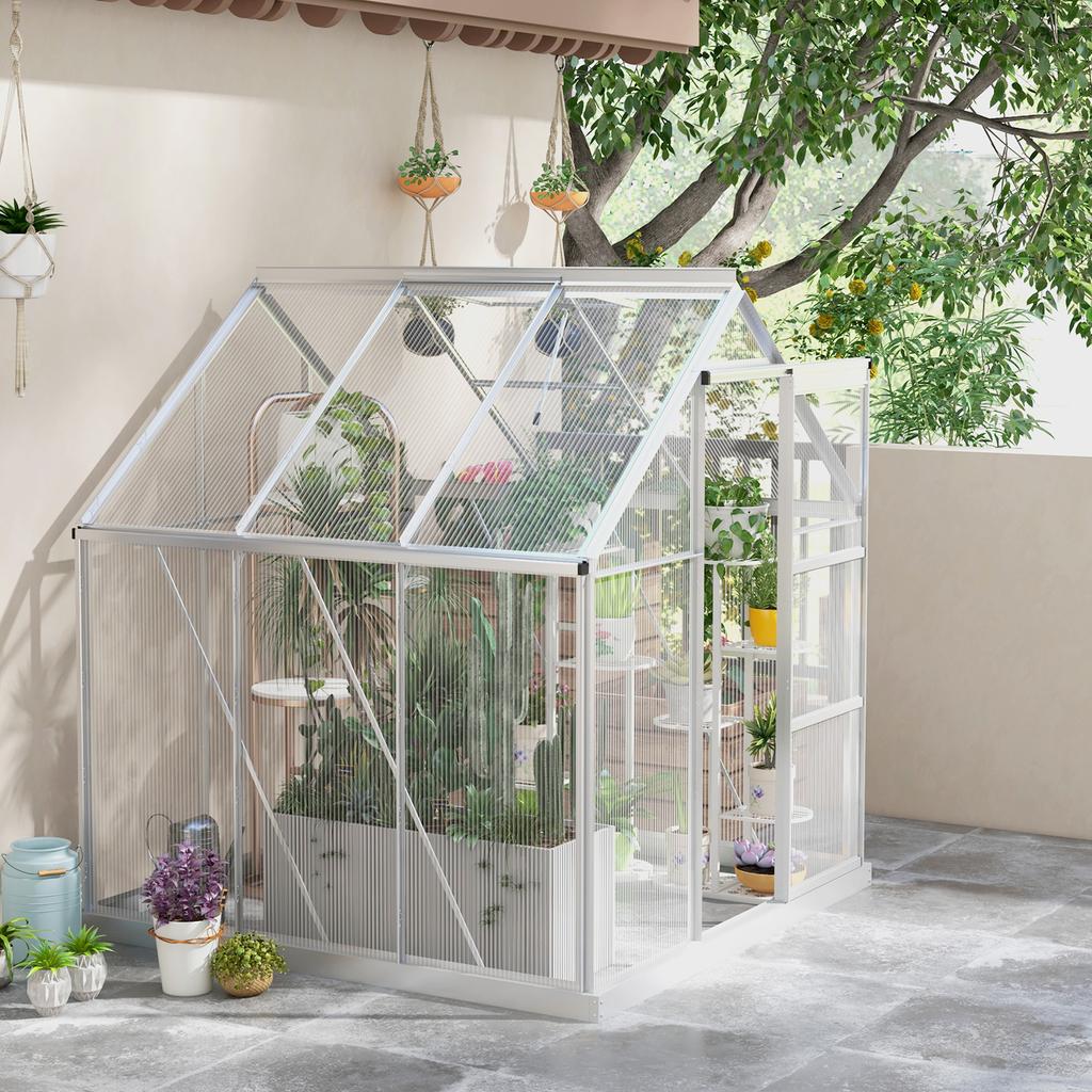 6 X 6ft Walk-In Greenhouse, Polycarbonate Greenhouse with Sliding Door, Window, Aluminium Frame, Foundation, Silver