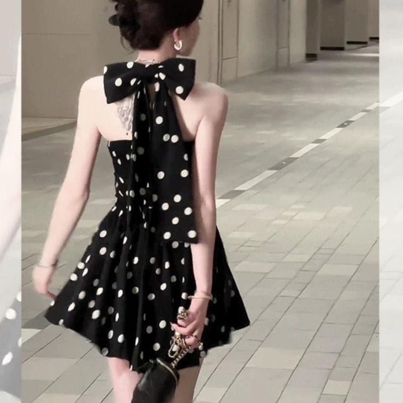 Bow Strap Backless Polka Dot Neck Dress Summer New Sweet and Spicy Waist and Thin Temperament a Word Short Skirt