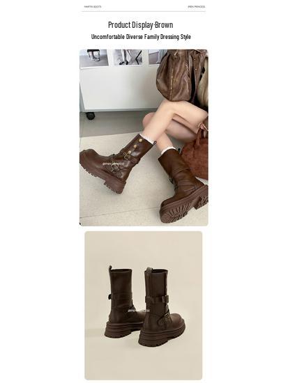 2025 New Women's British Style Martin Boots - Brown Retro Mid-Calf, Perfect for Early Autumn with Skirts