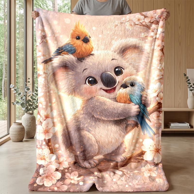 Cute Koala and Birds in Flowers blanket Personalized Name Flannel Blanket Soft Cozy Plush Throw for Sofa Bed Lightweight Home Decor