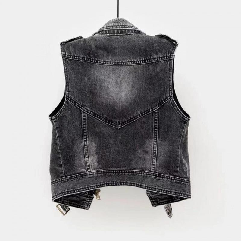 Gray Jean Cowboy Waistcoat Hole Denim Women Vest Female Spring Autumn Sleeveless Tops Short Jacket Girls Ripped Vest