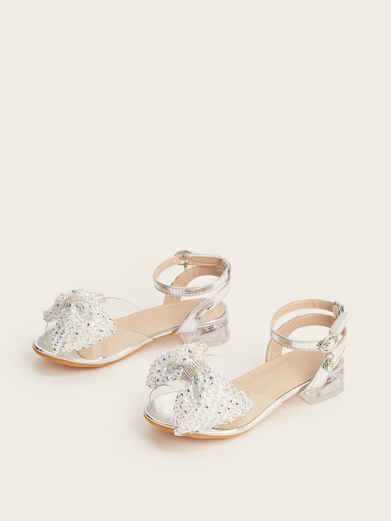 2026 Summer Girls’ Rhinestone Bow High Heel Sandals - Fashionable Princess Outerwear 29 серебряный