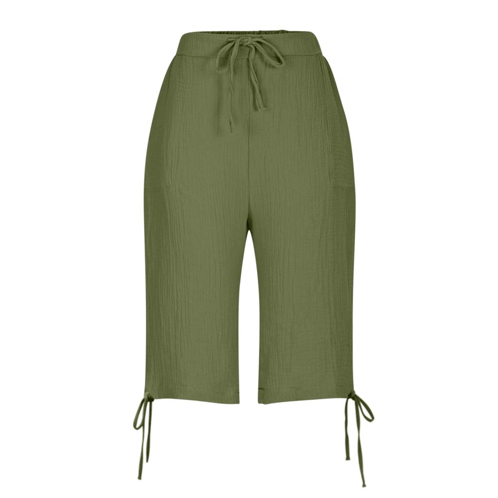Women's Fashionable Color Elastic Waist Pocket Casual Loose Cotton And Linen Five Quarter Shorts