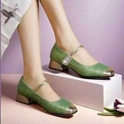 Fashion 2025 Shoes Female Mary Janes Women's High Heels Fashion Dress Pumps Women Mixed Colors Square Toe Crystal Med Heel Shoes Women