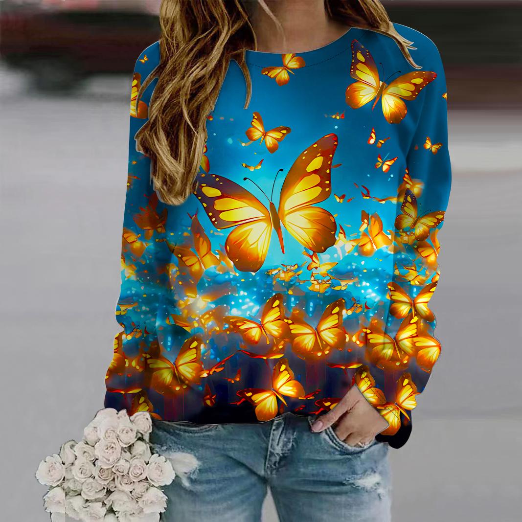 

Осень-Осень женская мода O-образный вырез длинный рукав футболка свободная одежда синяя полноэкранный принт бабочки футболка для девочек уличная 8XL жёлтый