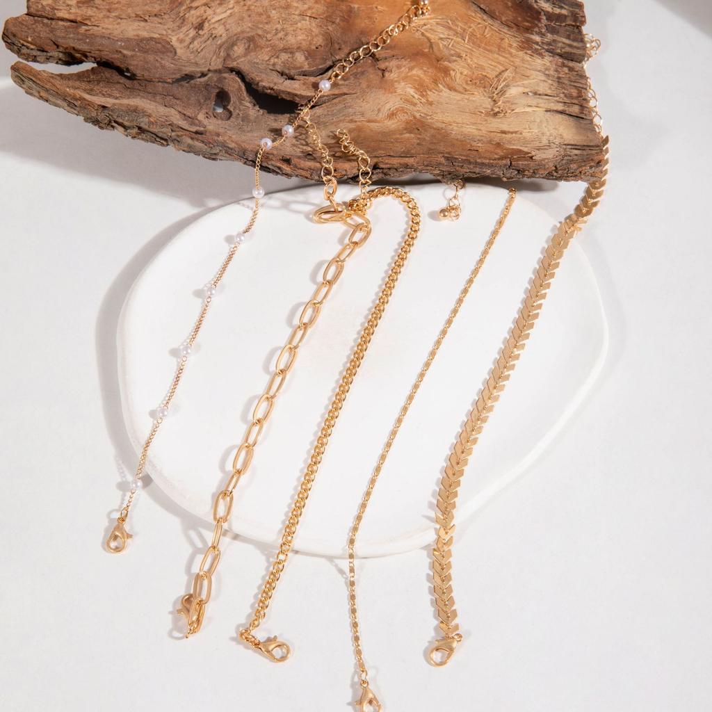 New beach wind aircraft chain pearl anklet set, retro multi-layer geometric anklet five-piece set