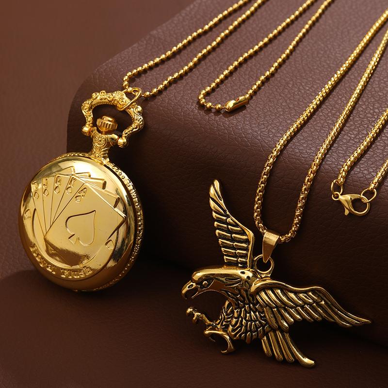 

2 шт./набор, 1 шт. винтажные покерные резные кварцевые карманные часы и 1 шт. модное ожерелье с подвеской в виде орла, идеальный выбор для подарков мужчинам и женщинам