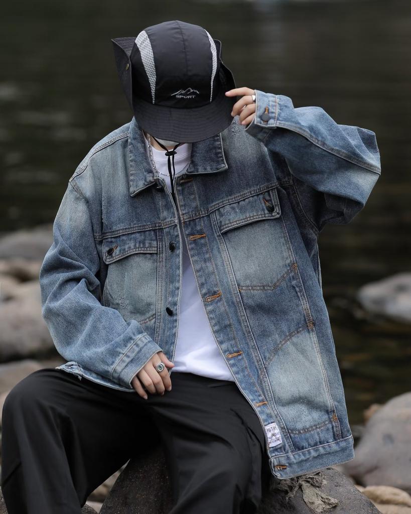 American Retro Denim Jacket Men'S Trendy Brand High Street Tooling Jacket Design Sense Loose Casual Ruffian Handsome Top