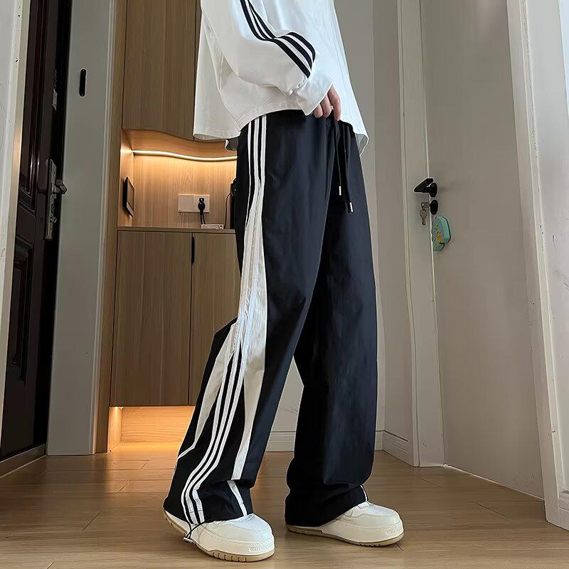 2025 Men's Loose Straight-Leg Casual Trousers - American Street Style with Three Stripes for Spring/Autumn