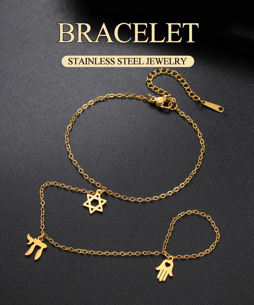 Dawapara Star of David and Chai Bracelet Hand Chain Jewish Hexagram Good Luck Judaica Jewelry Stainless Steel Jewelry