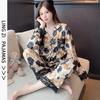 1011 New Ice Silk Pajamas Women's Lace Lapel Thin Fairy Style Long-sleeved Trousers Loungewear Set Can Be Worn Outside