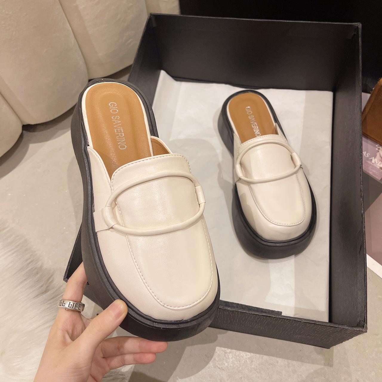 

Summer bag head half slippers women s summer new retro fashion round head platform muffin lazy shoes 35 бежевий