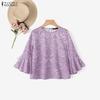 ZANZEA Women Casual Round Neck Flare 3/4 Sleeve Loose Print Blouse