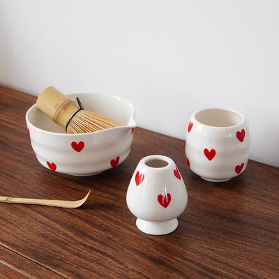 2Pcs/3Pcs Ceramic Heart Matcha Bowl Set, Ceramic Bowl with Spout, Matcha Egg Beater Holder, Ceramic Tea Cup, High-Looking Heart Print,Tea Making Tools