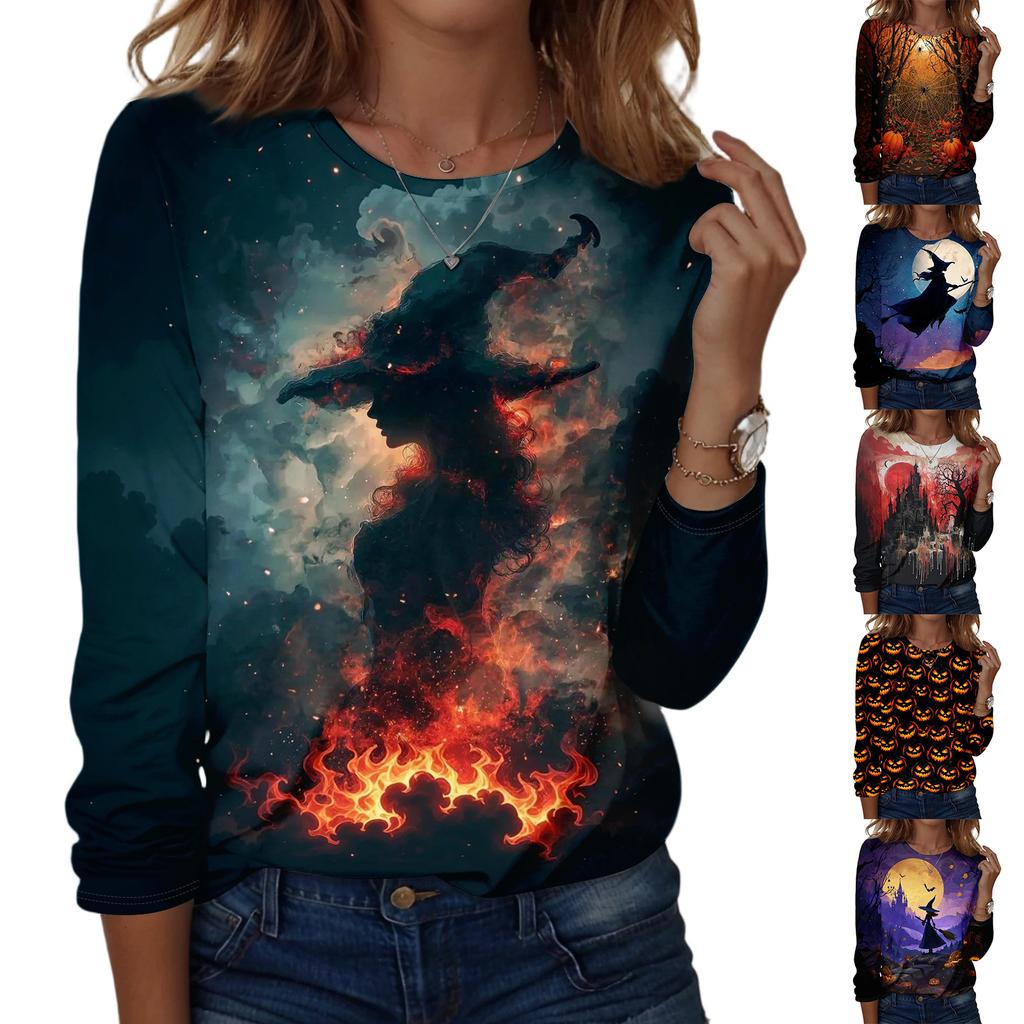 Women's Halloween Graphic Pullover Sweatshirt Long Sleeve Crew Neck Casual Top for Fall and Winter Seasonal Wear
