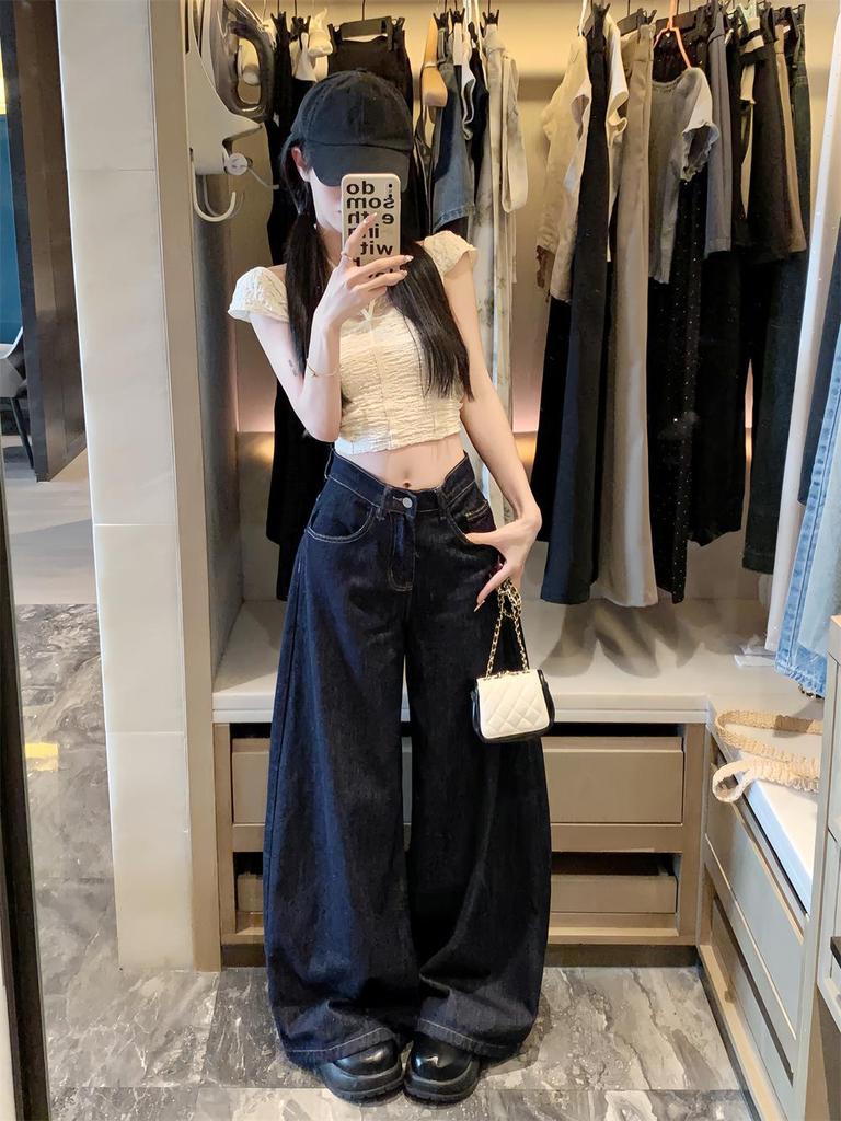 Women's Summer 2024 Retro High-Waisted Dark Wash Wide-Leg Jeans