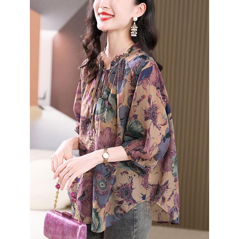 Elegant Vintage Loose Floral Chiffon Blouse for Women, Perfect Summer Top for Moms