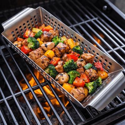 Leakage Hole Design Vegetable Grill Basket Stainless Steel Frying Food Holding Pan  Cooking