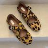 Sheepskin Version~ Niche Leather Leopard Print Cross Soft-sided Ballet Shoes Horse Hair Mary Jane Shoes Shallow Mouth Flat Shoes