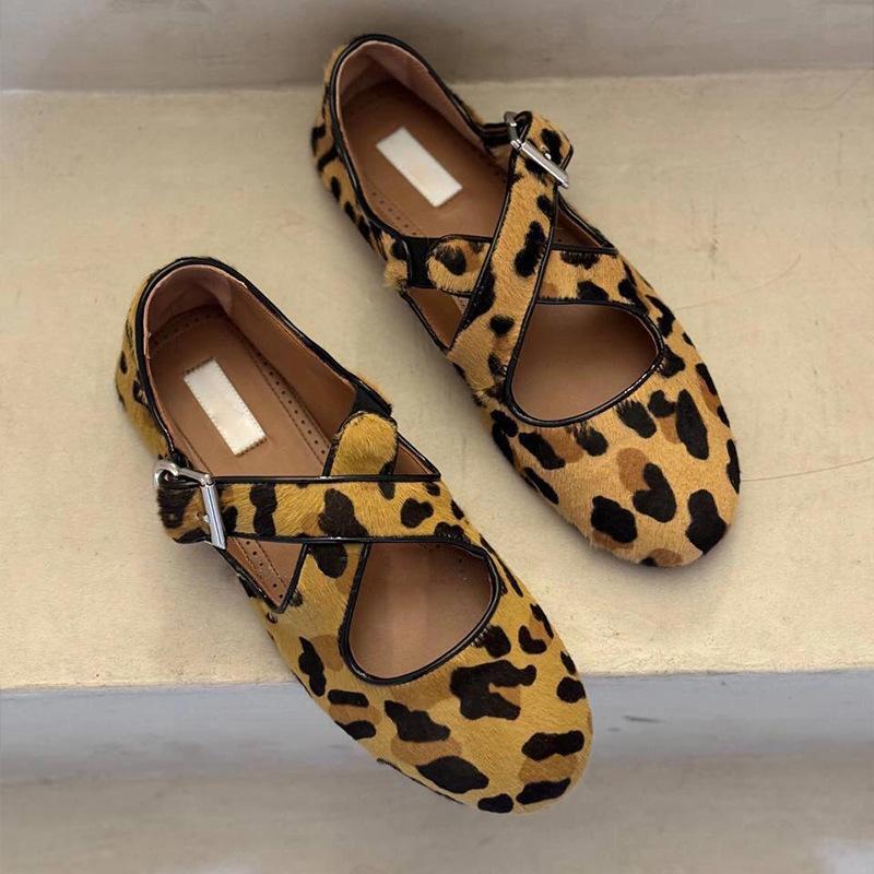 Sheepskin Version~ Niche Leather Leopard Print Cross Soft-sided Ballet Shoes Horse Hair Mary Jane Shoes Shallow Mouth Flat Shoes
