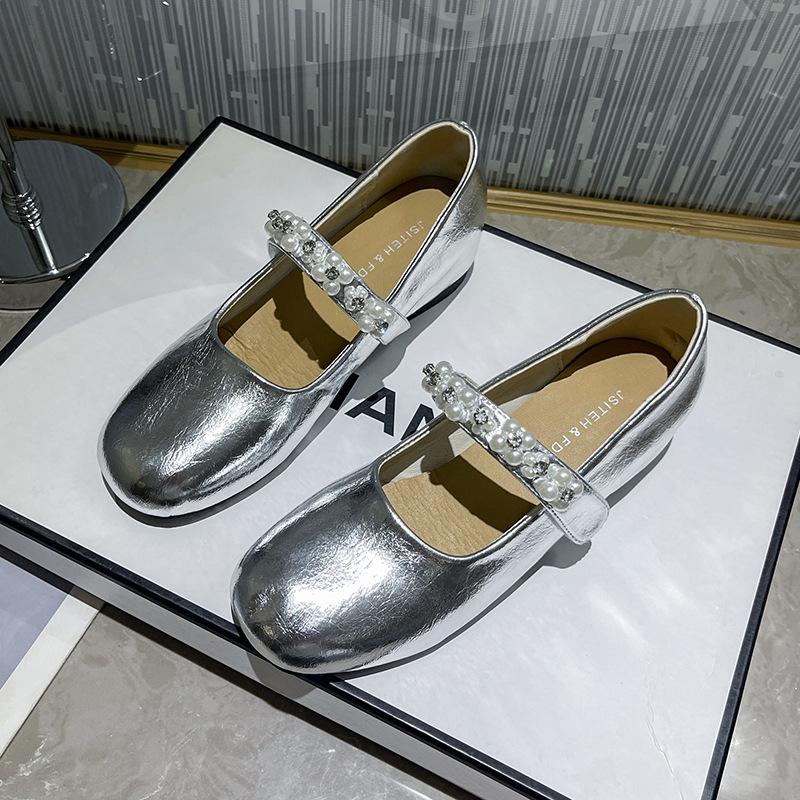 Square Head Silver Mary Jane Shoes Women's Summer Skirt Temperament Versatile Small Leather Shoes Flat Bottom Shallow Mouth Single Shoes Doudou Shoes