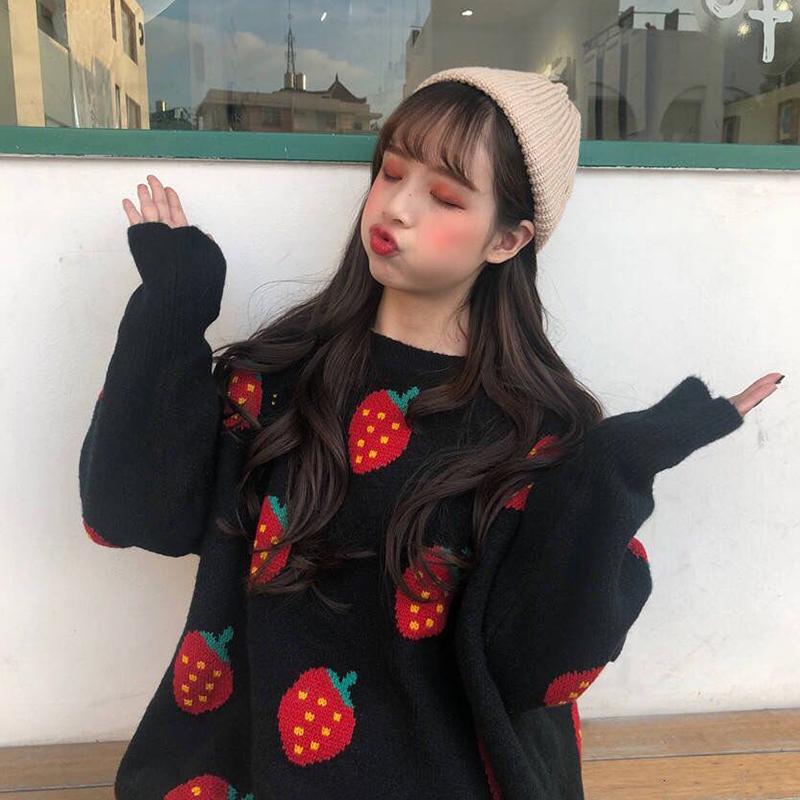 

WTEMPO милый жаккардовый свитер с клубничным узором в консервативном стиле, женские свободные повседневные вязаные пуловеры на осень-зиму One Size чёрный