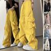 Damen-Cargohose, Vintage-Mode, hohe Taille, solide Taschen, Kordelzug, weites Bein, Streetwear, Hip-Hop, Baggy-Tech-Jogginghose, Übergröße