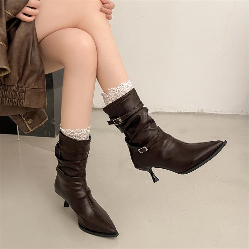 Belt Buckle Mid-Tube Boots Fashion Pointed Toe Sleeve Anti-Slip Wear-Resistant Slim Heel