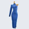 Foreign Trade Edge Single Autumn Turtleneck Shoulder Sleeve Sexy Knitted Sunken Stripe Slim Fit Sheath Mid-Length Dress Over the Knee