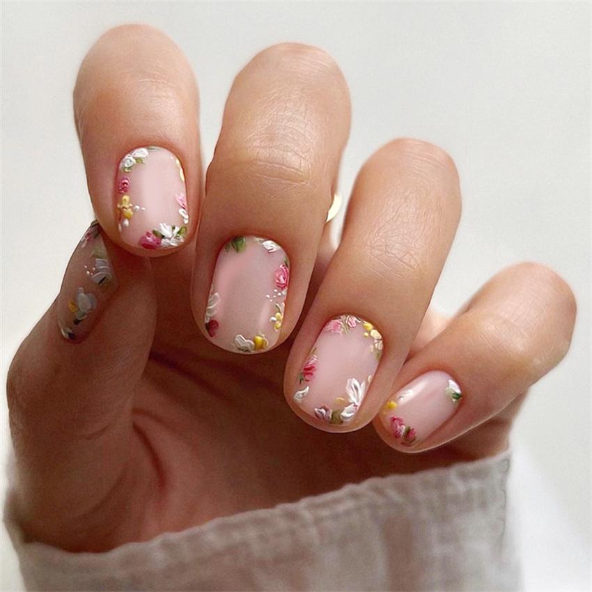 24Pcs Short French Press On Nails Pink Glitter Pearlized Fake Nail Tips Cute Natural Sweet