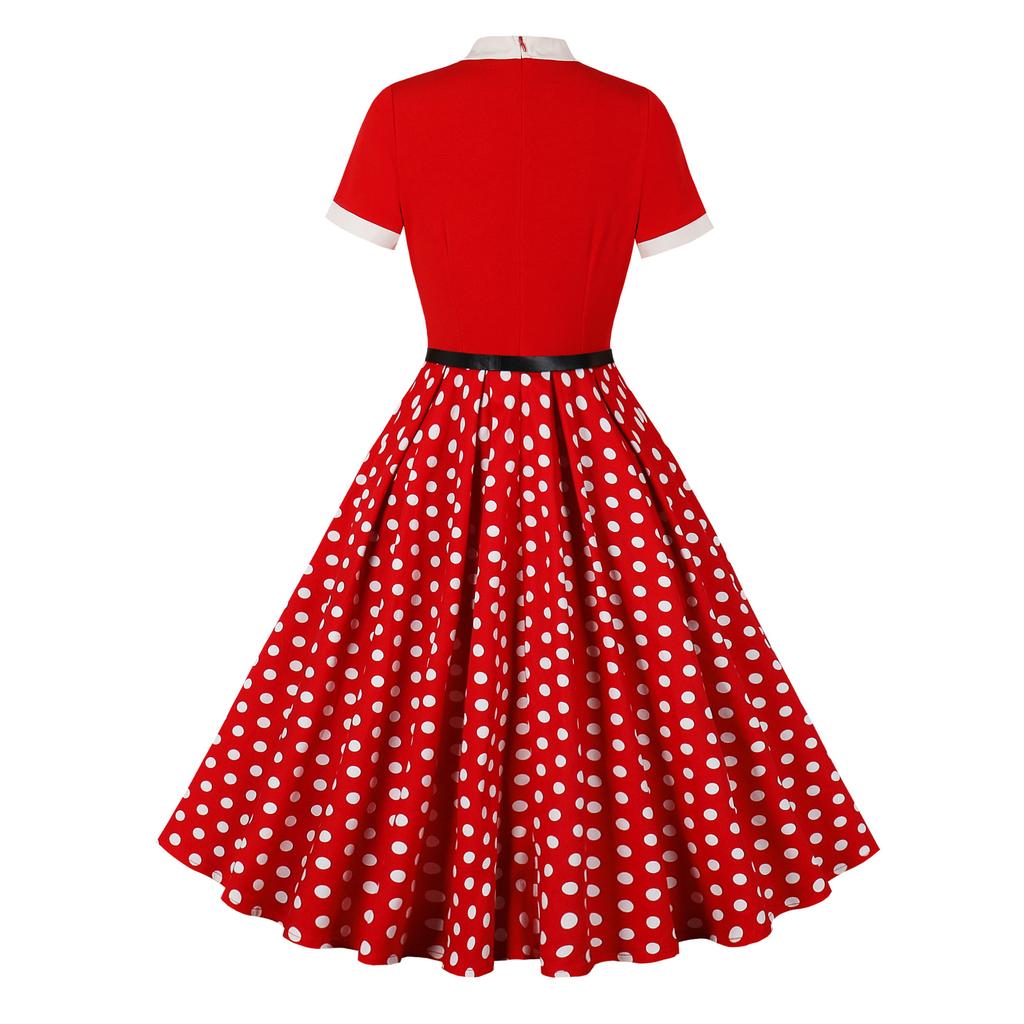 Women's Fashionable Retro Hepburn-Print Floral Polka Dot Bow Dress For Summer