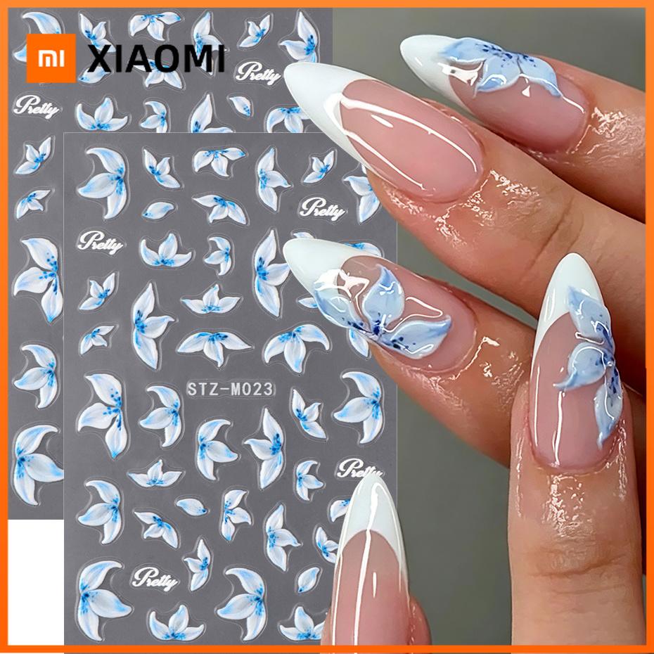 Xiaomi 2pcs Blue Lily Flower Nail Art Stickers Floral Petal Nail Decals 3D Stickers Spring Summer Manicure French Tip Nails Decorations